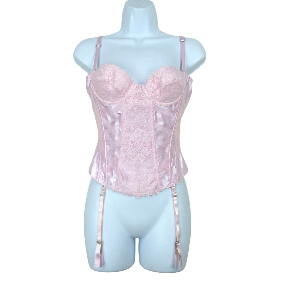 VTG Fredericks of Hollywood Merry Widow Bustier 34 Pink Satin Lace Garter Corset